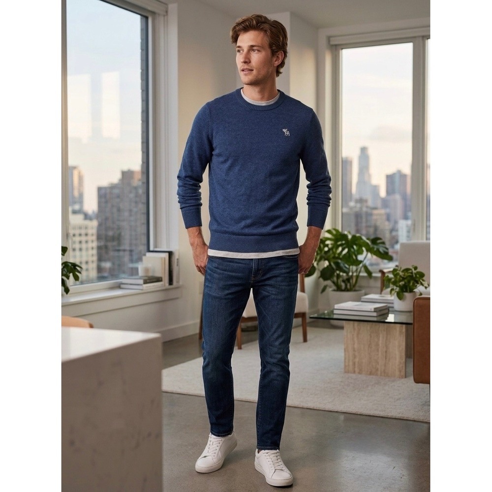 Abercrombie & Fitch Mens Blue Cotton Wool Blend Crewneck Moose Logo Sweater S